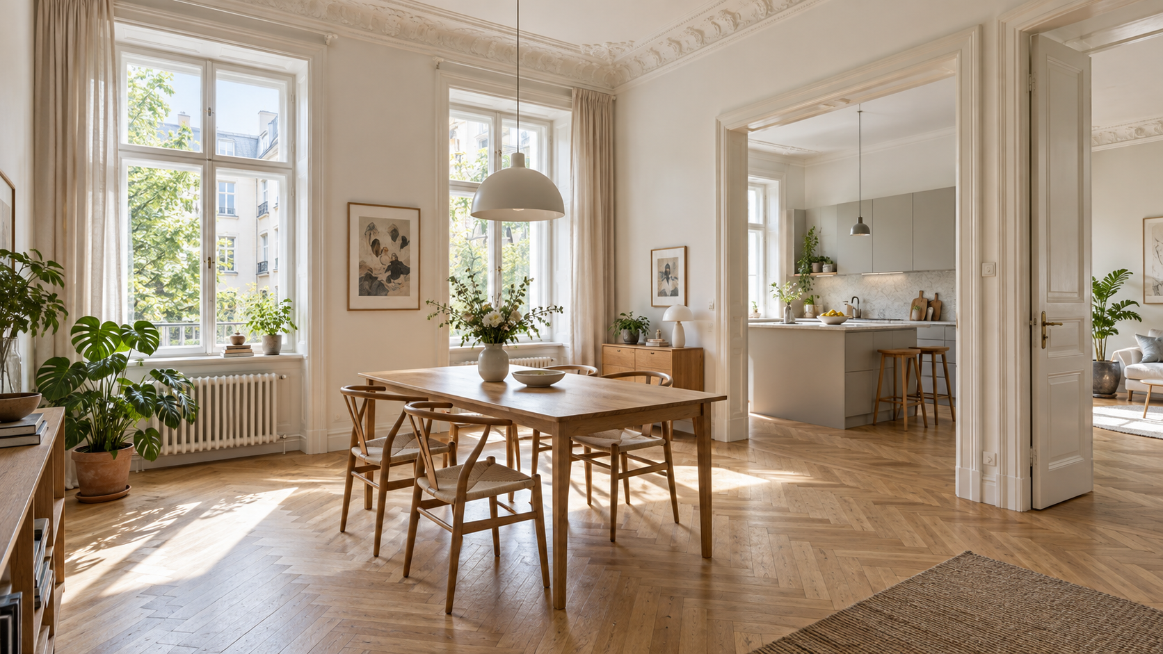 Heller Wiener Altbau-Wohnraum mit Holzboden und angrenzender Küche