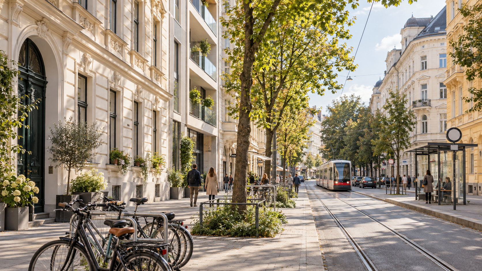 Wiener Wohnstraße mit Altbauten, Bäumen und Straßenbahn
